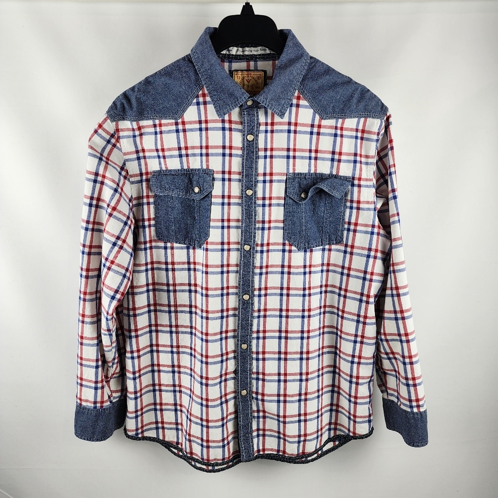 TFG Creative Garments Western Shirt Mens XL Plaid Pearl Snap Red White Blue